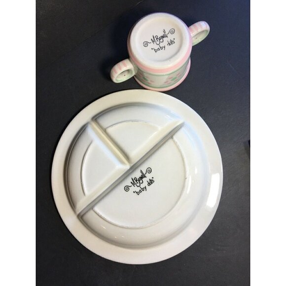 M. Bagwell Childs Plate & Cup Set Baby Dots Divided Dish Ceramic Flowers Pink - Picture 2 of 6